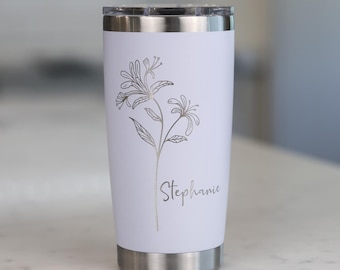 Birth Flower Tumbler Personalized, Mothers Day Gift for Her, Custom Name Engraved 20oz Cup, Birth Flower Gift for Women
