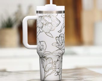 Vaso Magnolia de 1,2 litros con asa, vaso personalizado con grabado floral, regalo botánico para ella, idea de regalo de Navidad para amantes de las flores.