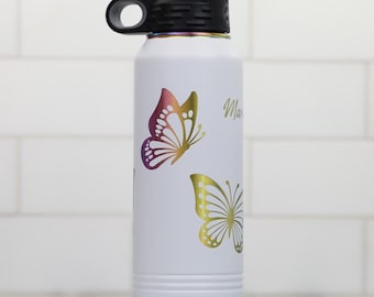 Personalized Butterfly Water Bottle: Custom Engraved, Rainbow Color Engraving, 32oz bottle; Valentines Day Gift for Her