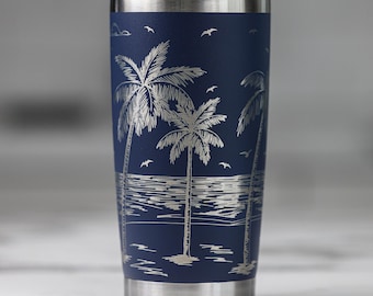 Beach Scene Palm Trees Full Wrap 20oz Tumbler, 20oz Custom Engraved Beach and Palm Trees full Wrap YETI Tumbler, Gift for Her