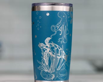 Engraved Turtle & Octopus Sea Scene 20oz Tumbler