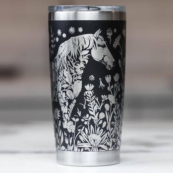 Personalized Horse Tumbler, Custom Engraved Equestrian Gift 20oz, Laser Engraved Horse Lover Cup, Gift for Horse Girls, Floral Horse Tumbler