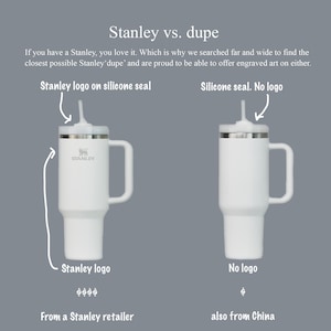 Puede incluir: Comparaci&oacute;n lado a lado de dos termos de viaje blancos con tapas y asas. El termo de la izquierda tiene el logotipo de Stanley en la tapa y el termo de la derecha no tiene logotipo. El texto debajo de los termos dice "Logotipo de Stanley en la junta de silicona" y "Junta de silicona. Sin logotipo".