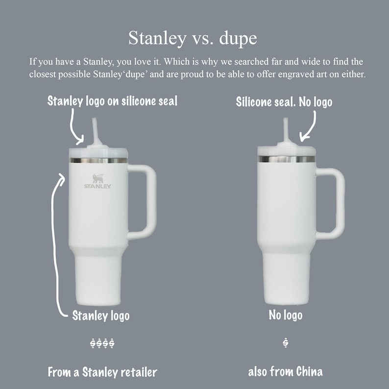 Puede incluir: Comparaci&oacute;n lado a lado de dos termos de viaje blancos con tapas y asas. El termo de la izquierda tiene el logotipo de Stanley en la tapa y el termo de la derecha no tiene logotipo. El texto debajo de los termos dice "Logotipo de Stanley en la junta de silicona" y "Junta de silicona. Sin logotipo".