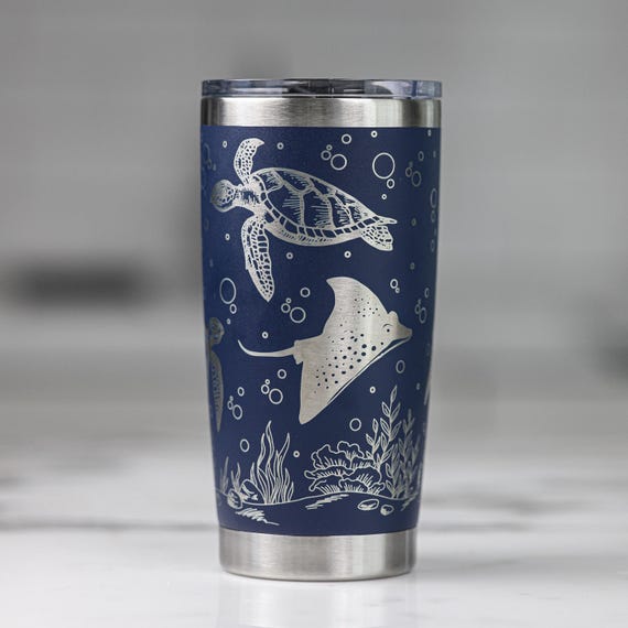 Sea Turtle and Rays Tumbler, Personalized Sea Turtle Lover Gift, Engraved Ocean Turtle & Ray Cup, Gift for Her Him, Beach Ocean Lover
