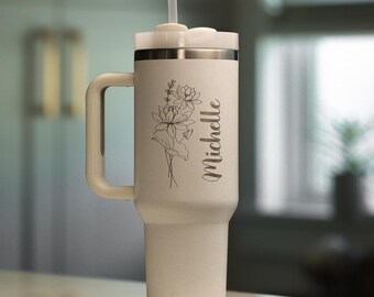 Birth Flower Tumbler 40oz with Handle, Personalized Name Engraved Quencher, Custom Birth Month Flower Gift for Her Mom, Christmas Gift