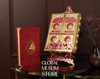 Quran For Gift | Luxury Red Velvet Qoran Set | Golden Case & Display Stand | Islamic Present