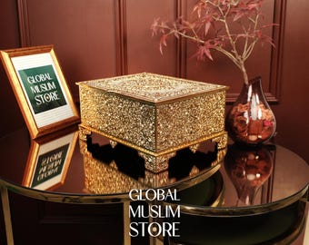 Caja de lujo para el Corán con Corán, alfombra de oración y tasbih / Soporte dorado para libros islámicos / Estuche decorativo para el Corán / Cofre dorado para el Corán / Funda para el Corán