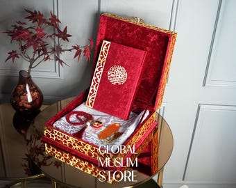 Quran For Gift | Velvet Quran Gift, Luxury Prayer Rug, Pearl Prayer Beads, Electronic Counter Tasbeeh Set | Religious Presents | Red & Gold