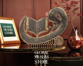 Decoración con la letra Vav del Corán / Decoración islámica de lujo con la letra Vav y soporte para el Corán / Figura de piedra de cristal dorado / Regalo islámico