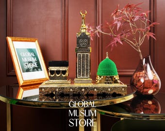 Estatua de la Torre del Reloj de La Meca y Medina / Figura de lujo de la Kaaba y la Cúpula Verde / Regalo de Ramadán y Eid