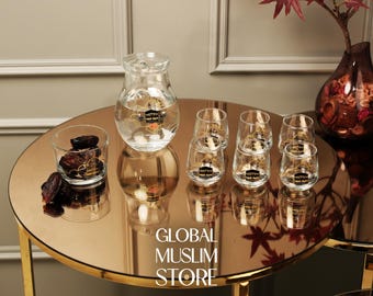 Elegante juego de vasos islámicos: jarra de Zamzam, tazas y cuenco para dátiles - Vajilla musulmana de lujo - Regalo de Eid Ramadán