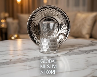 Taza de té plateada / Juego de 6 vasos de té turco de platino de lujo / Tazas de té con asa de diseño de panal y platillos de cristal / Elegante servicio de té