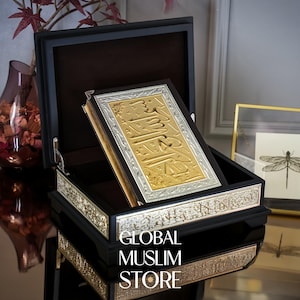 Solid Wood Silver Inlay Decorative Quran Case and The Holy Quran, Quran Box, Quran Cover, Islamic Artwork, Islamic Home Decor, Muslim Gifts