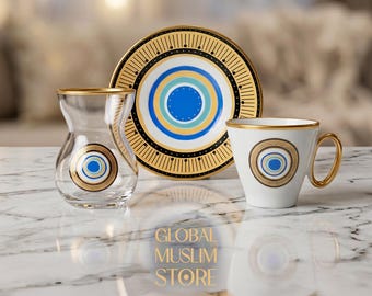 Juego de té y café turco de lujo con diseño del Ojo Turco para 6 personas / Juego de 18 piezas de vasos, tazas y platillos para té turco / Juego de té Nazar Boncugu