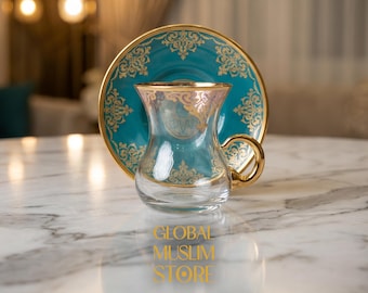 Juego de té / Tazas de té de cristal / Juego de té turco azul y turquesa / Vasos de té otomanos / Regalo islámico / Regalo de boda / Regalo de inauguración de casa