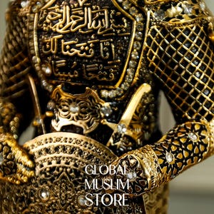 May include: A gold-colored figurine of a warrior wearing ornate armor with intricate details and holding a shield. The armor is decorated with rhinestones and Arabic calligraphy.