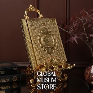 Luxury Gold Quran Box Set: Engraved Islamic Gift with Display Stand