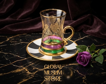 Juego de 6 vasos de té turco / Tazas de té doradas de lujo / Vasos de té arcoíris con asa / Juego de té moderno / Regalo de inauguración de casa / Juego de té de Ramadán