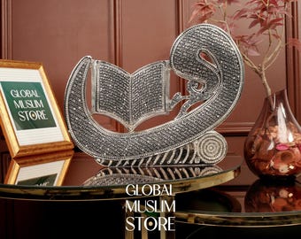 Decoración con la letra Vav del Corán / Decoración islámica de lujo con la letra Vav y soporte para el Corán / Figura de piedra de cristal plateado / Regalo islámico