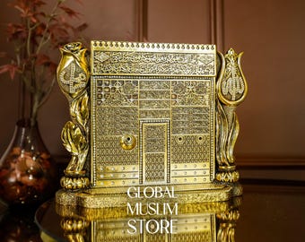Gold Plated Masjid Nabawi Greeting Gate Figurine Decor | Tulip Rose Motif with Allah & Muhammad Calligraphy | Islamic Decorative Artwork