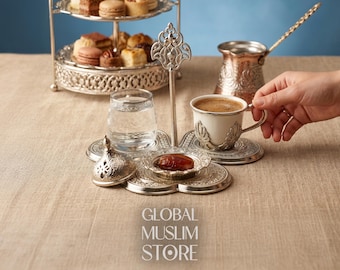 Juego de taza de café de lujo para el novio con vaso de agua y soporte para bebidas / Bandeja para servir café de compromiso / Söz Nişan Damat Kahvesi Seti / Regalo de boda