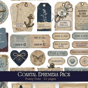 May include: A collection of vintage-style coastal ephemera, including tags, tickets, and decorative elements. The designs feature nautical themes with anchors, seashells, and compasses, in shades of blue, beige, and cream. The text includes phrases like "Coastal Tales" and "Journey Along the Coast."