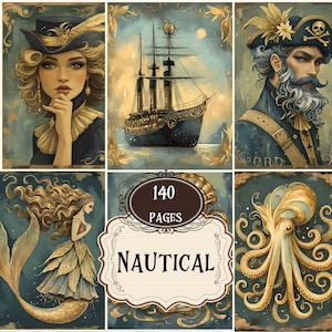Aquarell Nautik Großes Bündel Nautisches Junk Journal Liefert Pirat Sammelalbum Bedruckbare Seiten Ozean Shabby Chic Nautische Hintergründe