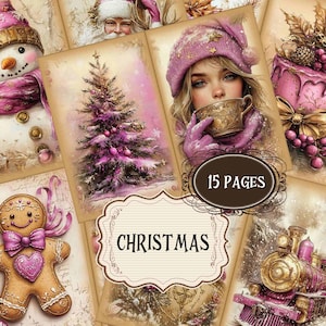 Pink Christmas Junk Journal Kit: Vintage Watercolor Scrapbook Papers (Digital Download)