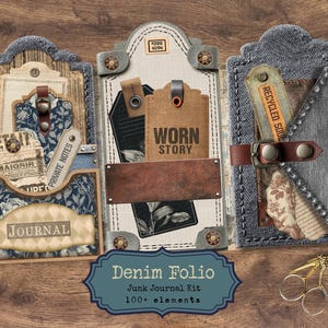 May include: A denim folio junk journal kit with multiple pockets and tags. The journal features a variety of textures, including denim, leather, and patterned paper. The text "WORN STORY" and "JOURNAL" are visible on the tags. Gold scissors are on the right.