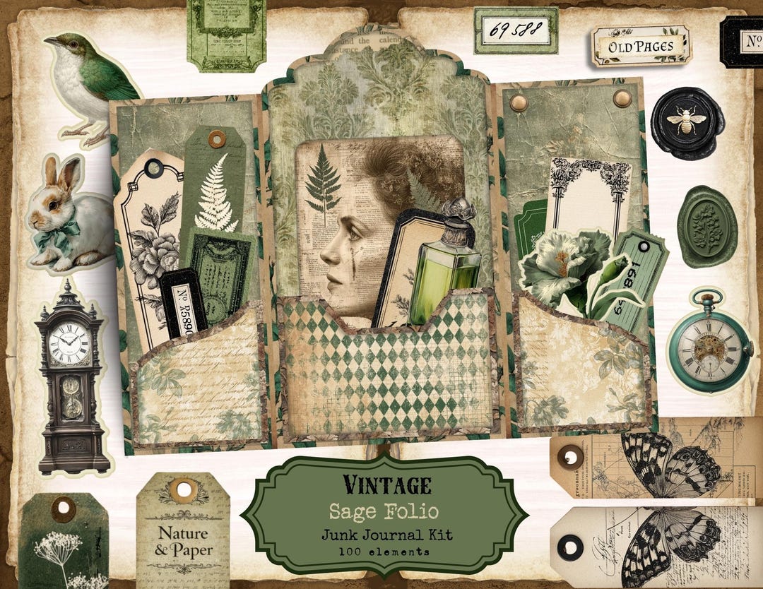 Sage Green Junk Journal Kit – Vintage Floral Ephemera Folio (digital ...