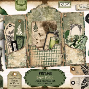 May include: A vintage-themed junk journal kit with a sage green and cream color scheme. The kit includes tags, ephemera, and decorative elements featuring botanical illustrations, a clock, a bird, a rabbit, and a woman's portrait. The text on the image reads "VINTAGE Sage Folio Junk Journal Kit 100 elements."