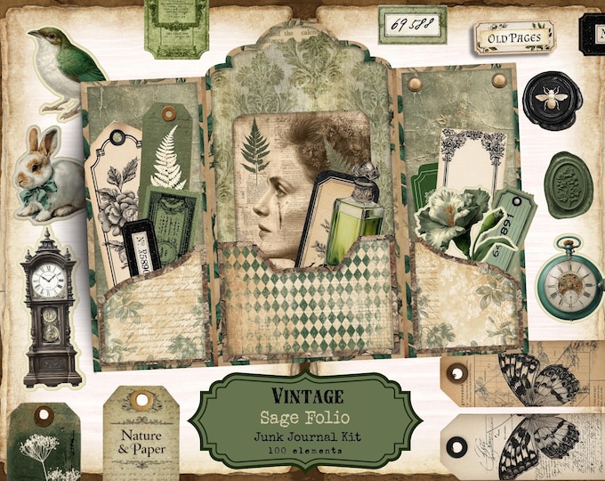 Sage Green Junk Journal Kit – Vintage Floral Ephemera Folio (digital ...