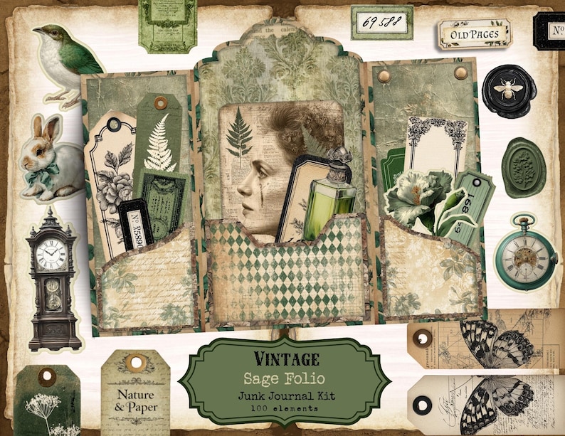 Sage Green Junk Journal Kit – Vintage Floral Ephemera Folio (digital ...
