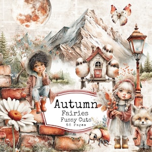 以下が含まれることがあります： レンガの壁に座っているコート、ブーツ、帽子を身に着けた若い人物を描いた気まぐれなイラスト。画像には、大きなデイジー、鳥のいる家、キツネ、テキスト「Autumn Fairies Fussy Cuts 68 Pages」が含まれています。蝶と満月も存在します。