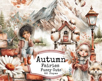 Op de afbeelding: Een grillige illustratie met een jonge figuur in een jas, laarzen en hoed, zittend op een bakstenen muur. De afbeelding bevat een grote madelief, een huis met vogels, een vos en de tekst "Autumn Fairies Fussy Cuts 68 Pages". Een vlinder en een volle maan zijn ook aanwezig.