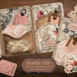May include: A Shabby Chic Leather Junk Journal Kit with over 40 elements. The kit includes journal pages with floral and botanical patterns, tags, and decorative elements in shades of brown, pink, and cream. The kit also includes a butterfly and a bird.