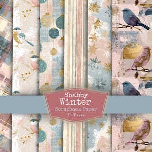 Puede incluir: Una colección de hojas de papel de scrapbook "Shabby Winter". Los diseños presentan pájaros, copos de nieve y adornos en colores pastel suaves, con una estética vintage y desgastada. El papel tiene una variedad de patrones, incluyendo rayas y texturas abstractas.