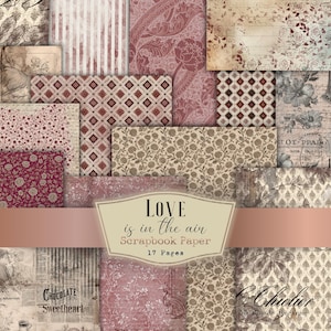Può includere: Una collezione di 17 fogli di carta per scrapbook con vari motivi in stile vintage. I disegni includono motivi floreali, geometrici e a righe in tonalità bordeaux, beige e grigio. Il testo "LOVE is in the air" è visualizzato su uno striscione.