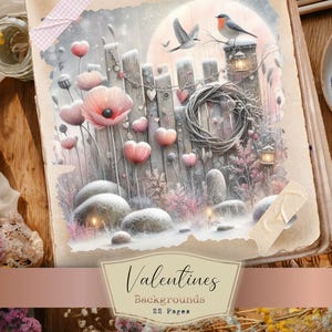 May include: A watercolour illustration depicting a Valentine's Day scene. The image shows a wooden fence decorated with heart-shaped ornaments and pink flowers. A bird perches on a post, and the text "Valentines Backgrounds 22 Pages" is visible.