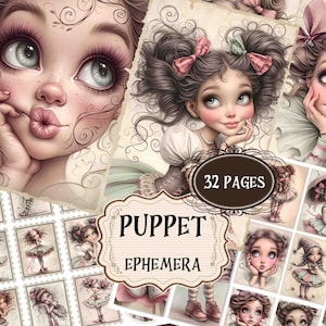 Vintage mignon marionnette indésirable Journal fournitures Adorable poupée Scrapbooking Pages imprimables arrière-plans de scrapbooking marionnette Shabby Chic Art numérique
