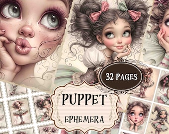 Vintage Marionette Junk Journal: Shabby Chic Puppe Scrapbook Seiten (Digital Art)