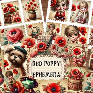 Suprimentos de diário de primavera Red Poppy Junk Scrapbook imprimível Spring Shabby Chic Tags Stamps Spring CutOuts Red Poppy Ephemera