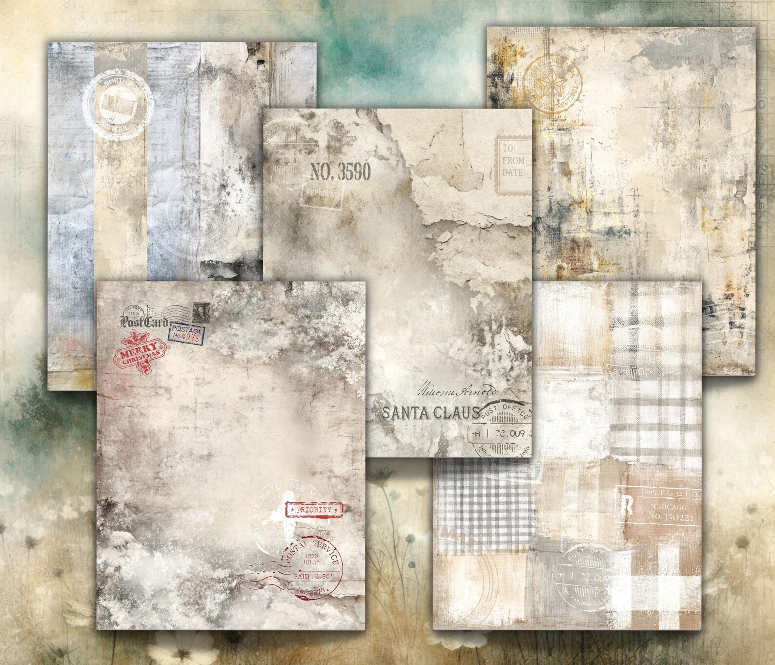 Postal Script Background Grunge Winter Postal Ephemera, Vintage Scripts, Stamps (digital ...