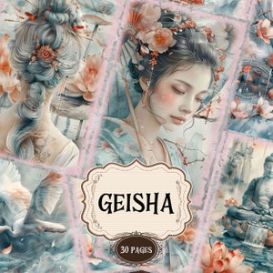 Forniture per diario vintage Geisha Junk, pagine stampabili per album di ritagli Giapponesi, sfondi Shabby Chic Geisha, ritratti di Geisha, effimeri giapponesi