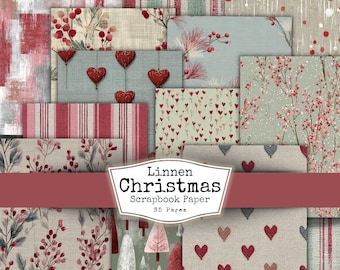 Linen Christmas Scrapbook Paper - Cranberry Red & Sage (Digital Download)