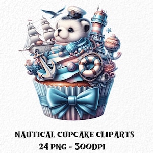 Pacchetto di clipart di cupcake nautici Clipart nautiche di alta qualità Clipart oceaniche Tagli nautici schizzinosi Adesivi stampabili nautici File PNG