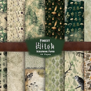 May include: A collection of 12 scrapbook paper designs with a forest witch theme. The papers feature various patterns, including skulls, flowers, castles, and botanical elements in shades of green, brown, and cream. The title "Forest Witch Scrapbook Paper" is displayed.