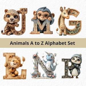 Letras de animais Png Alfabeto de animais Png Letras decorativas Letras de animais de madeira Conjunto de clipart de animais de madeira