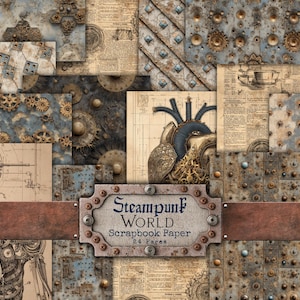 Puede incluir: Un collage de hojas de papel de scrapbook con temática steampunk. El diseño presenta engranajes, planos y una ilustración de corazón mecánico. La paleta de colores incluye tonos marrones, azules y acentos metálicos. El texto en la etiqueta dice "Steampunk World Scrapbook Paper 24 Pages."